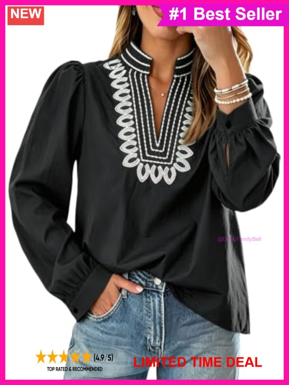 Puff Long Sleeve Embroidered V-Neck Blouse